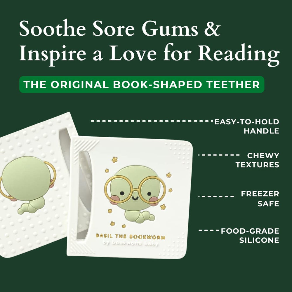 Bookworm Basil teether in freezer for cooling relief during teething