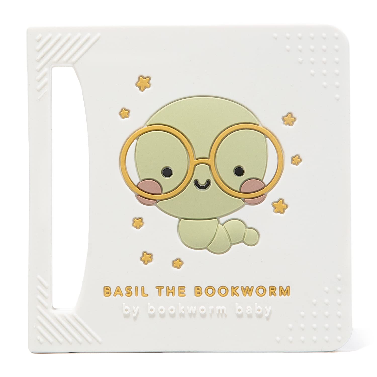 Bookworm Basil teether front view shows gentle gum soothing in book shape