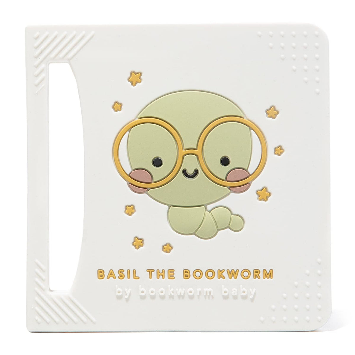 Bookworm Basil teether front view shows gentle gum soothing in book shape
