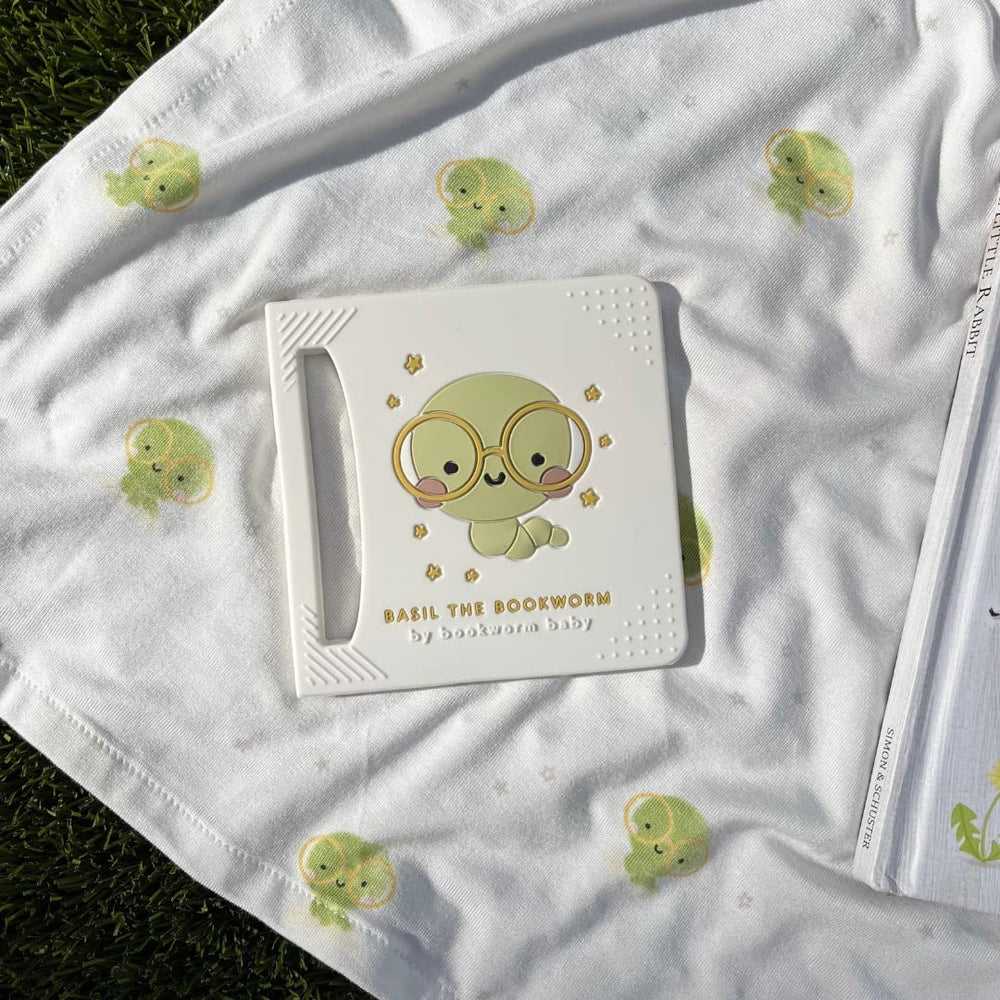 Bookworm Basil teether gift packaging highlights gift-ready option