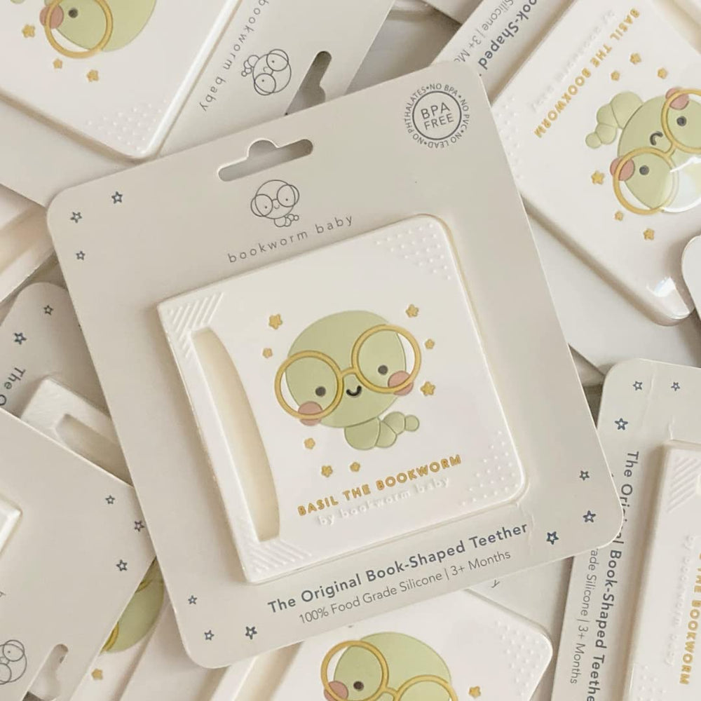 Bookworm Basil teether side view book design emphasizes unique engaging look
