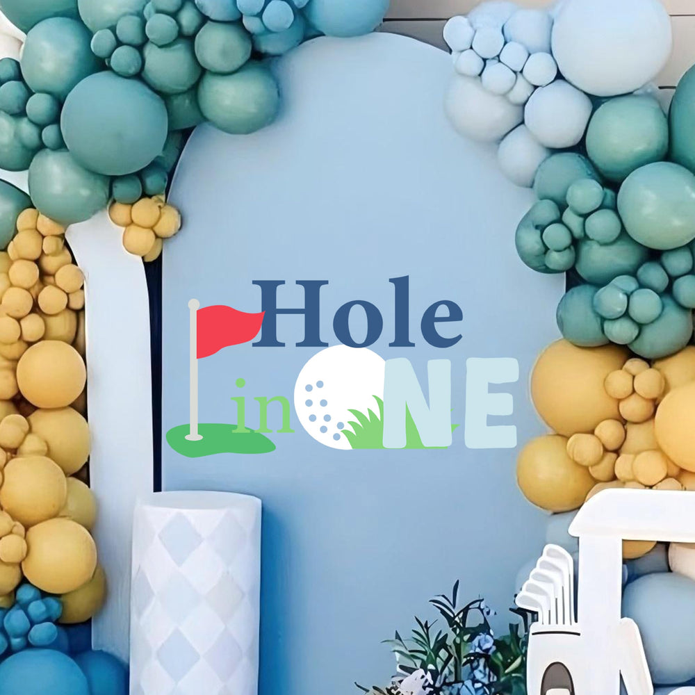 Boompa golf theme backdrop decal green featuring Hole in One design for indoor parties.