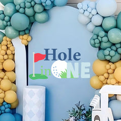Boompa golf theme backdrop decal green featuring Hole in One design for indoor parties.