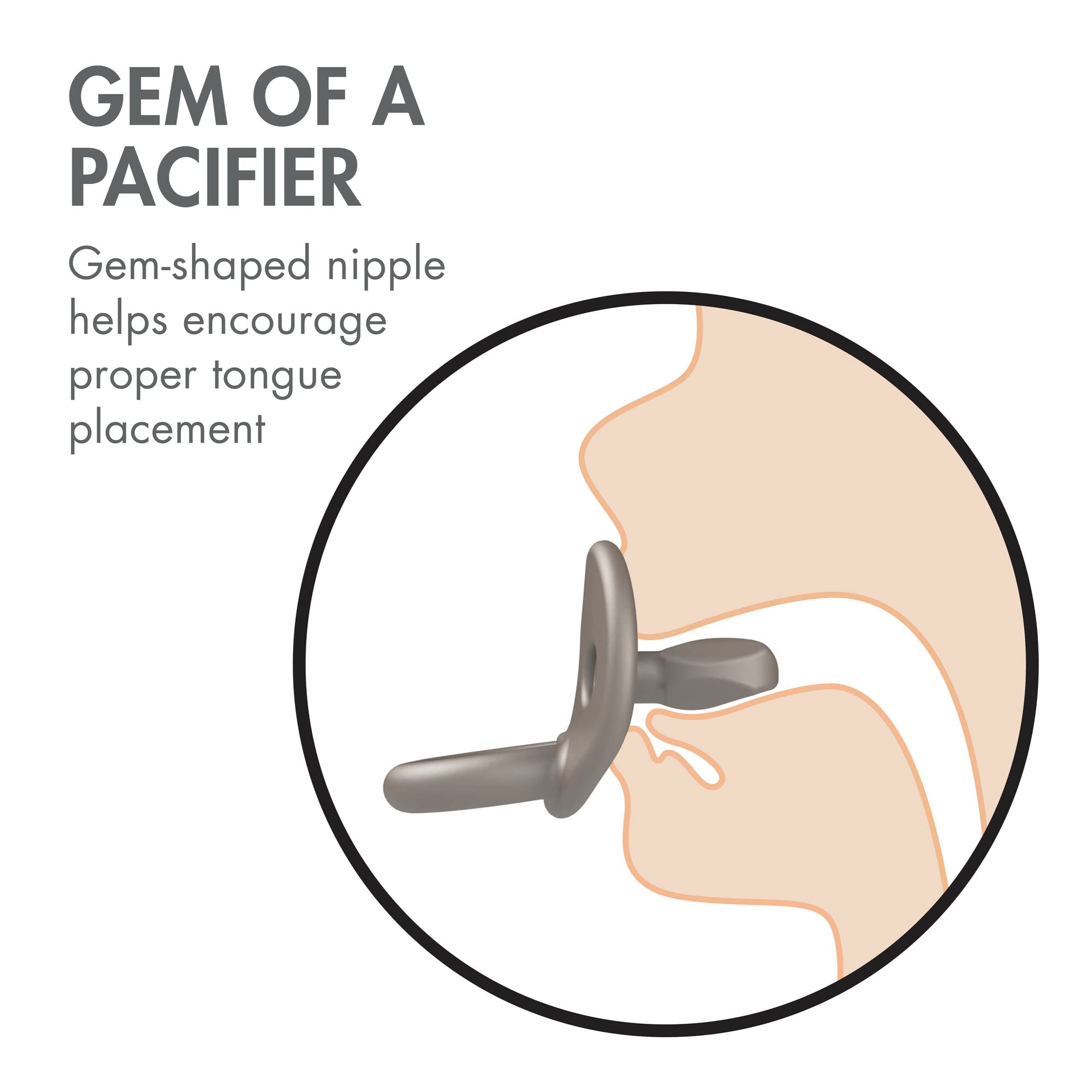 Boon Jewl pacifier with narrow neck aids full mouth closure.