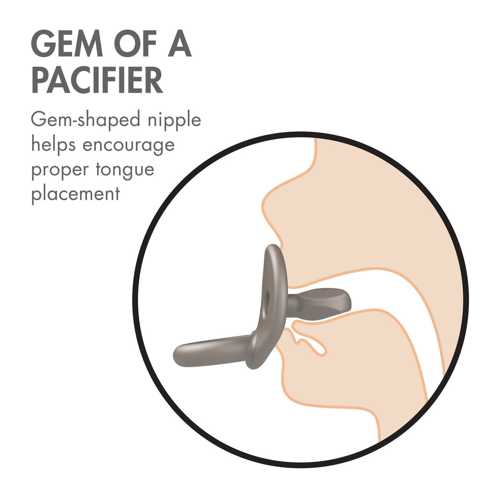 Boon Jewl pacifier with narrow neck aids full mouth closure.