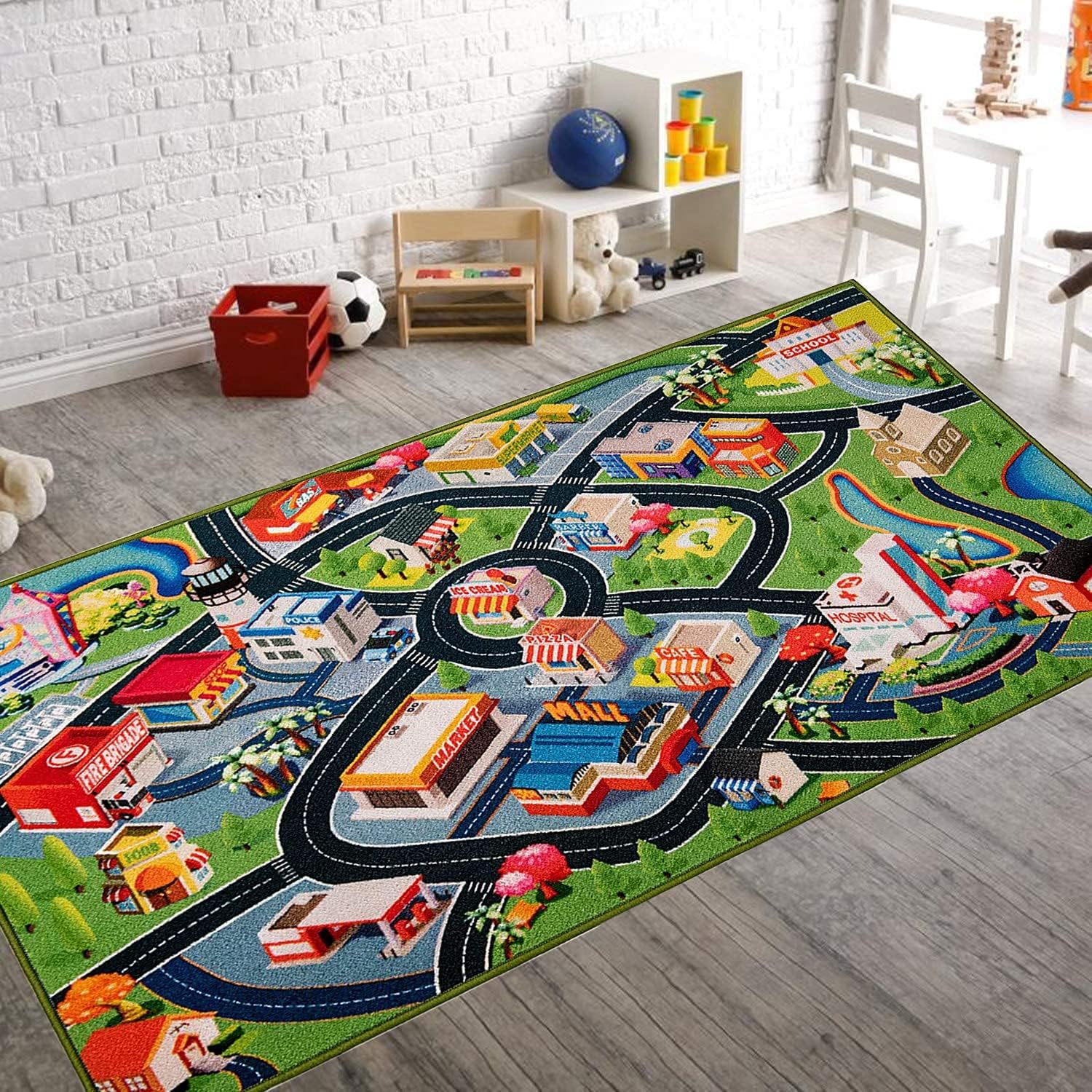 Booooom Jackson car rug city life image supports imaginative, safe town play.