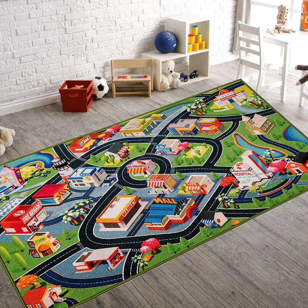 Booooom Jackson car rug city life image supports imaginative, safe town play.