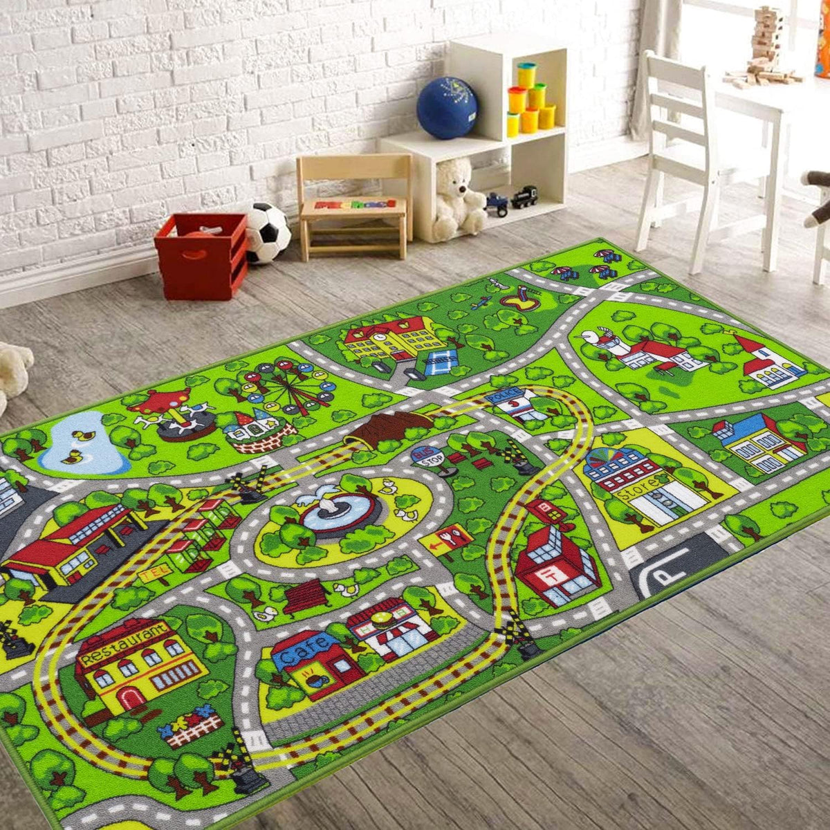 Booooom Jackson kids train city rug with non-slip backing for safe play