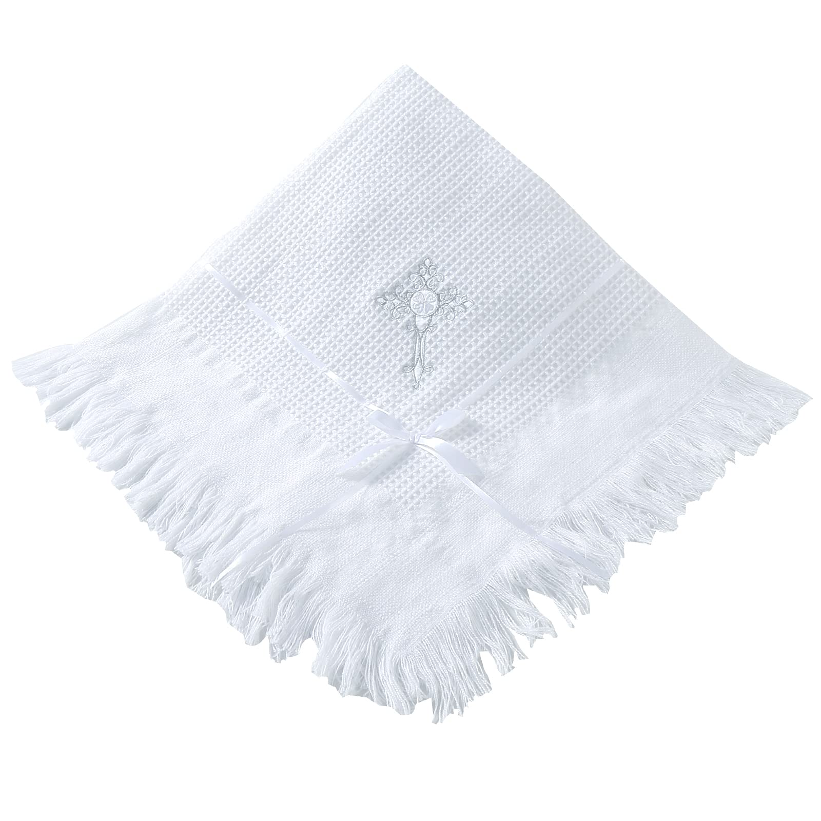 Booulfi baby blanket cross embroidery closeup showing texture and keepsake vibe