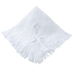 Booulfi baby blanket cross embroidery closeup showing texture and keepsake vibe