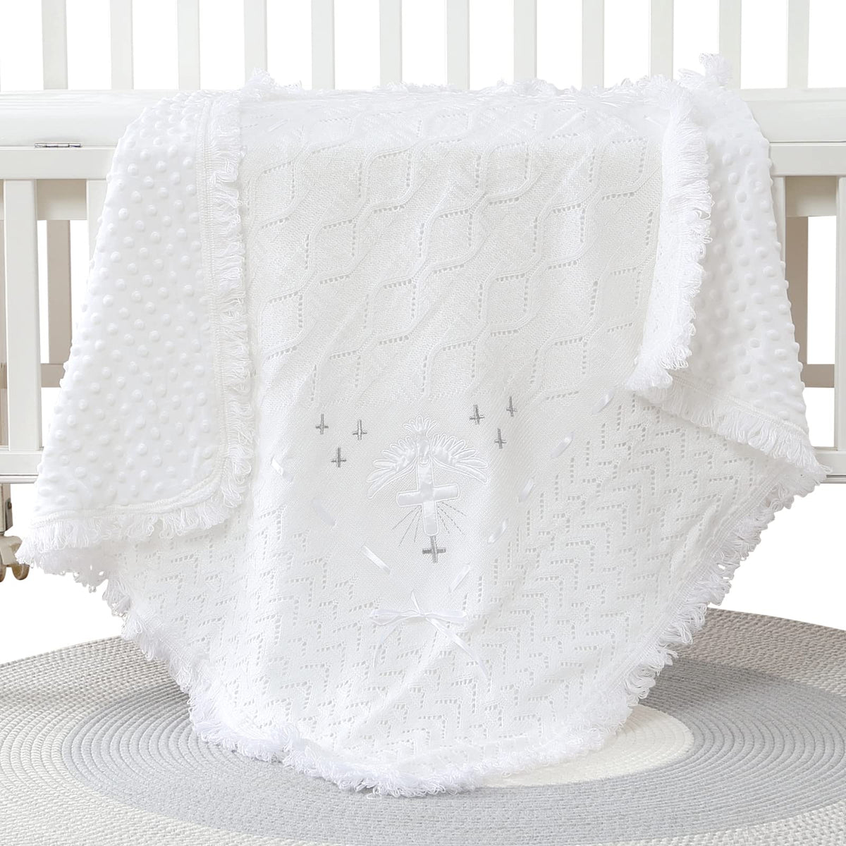 Booulfi Baby Christening Blanket, white knit folded for compact travel warmth.