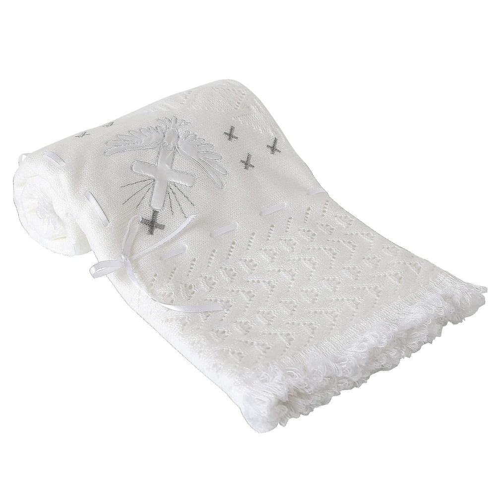 Booulfi christening blanket in ceremony setting, timeless neutral design.