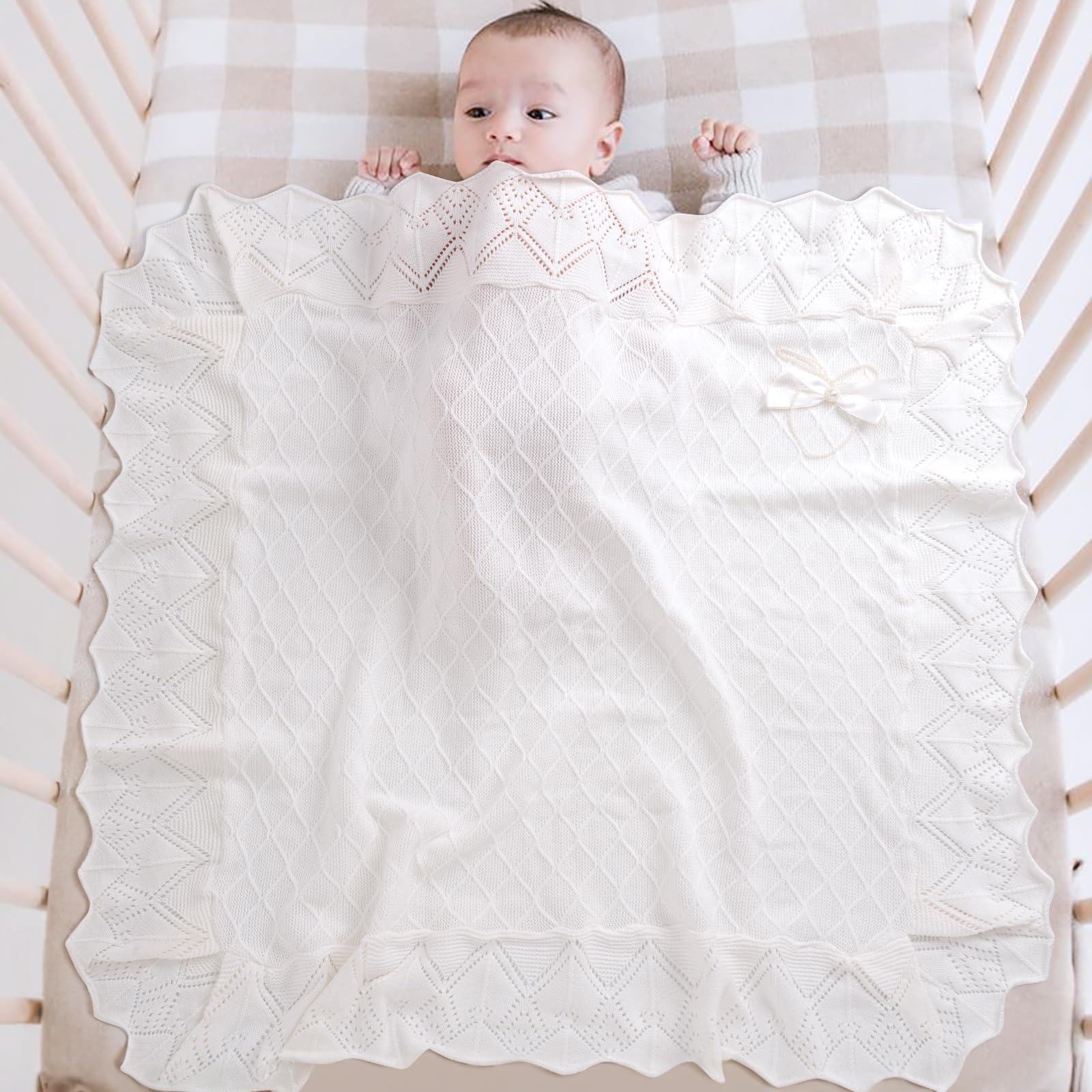 Booulfi knit white baby blanket delicate lace detail for nursery charm