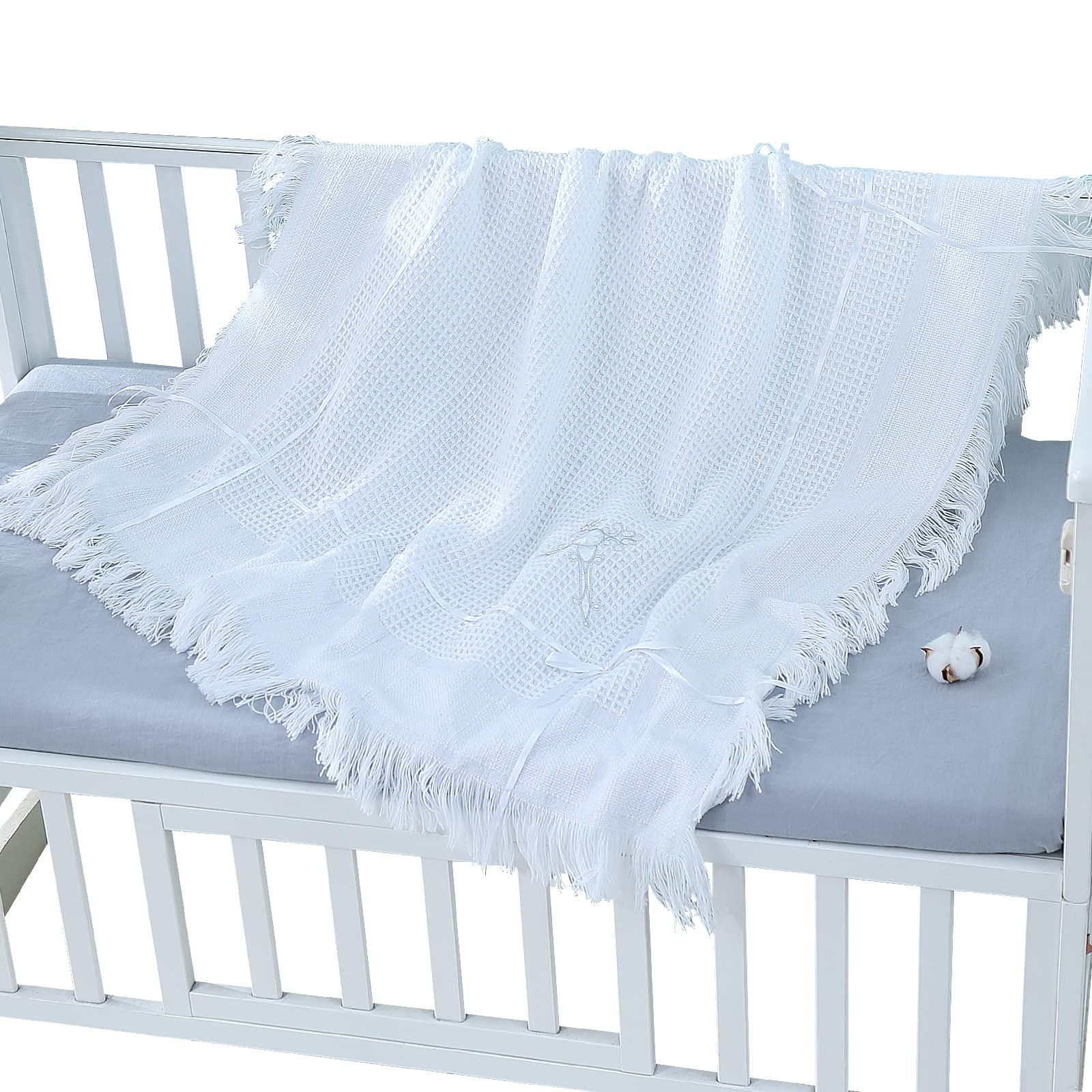 Booulfi white baby blanket fringe detail adds charm and elegance