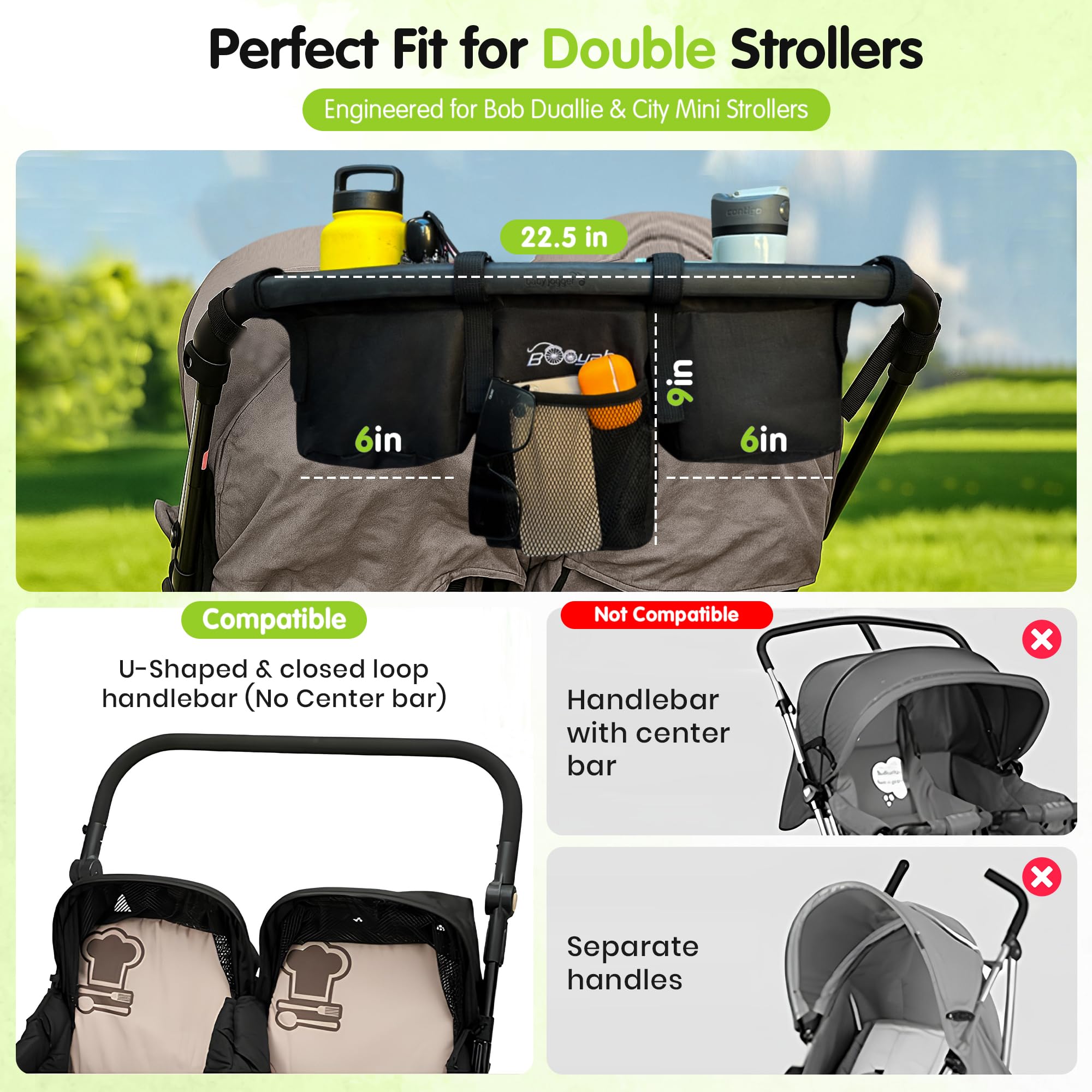 Booyah Strollers double organizer with cup holders for beverages during strolls.