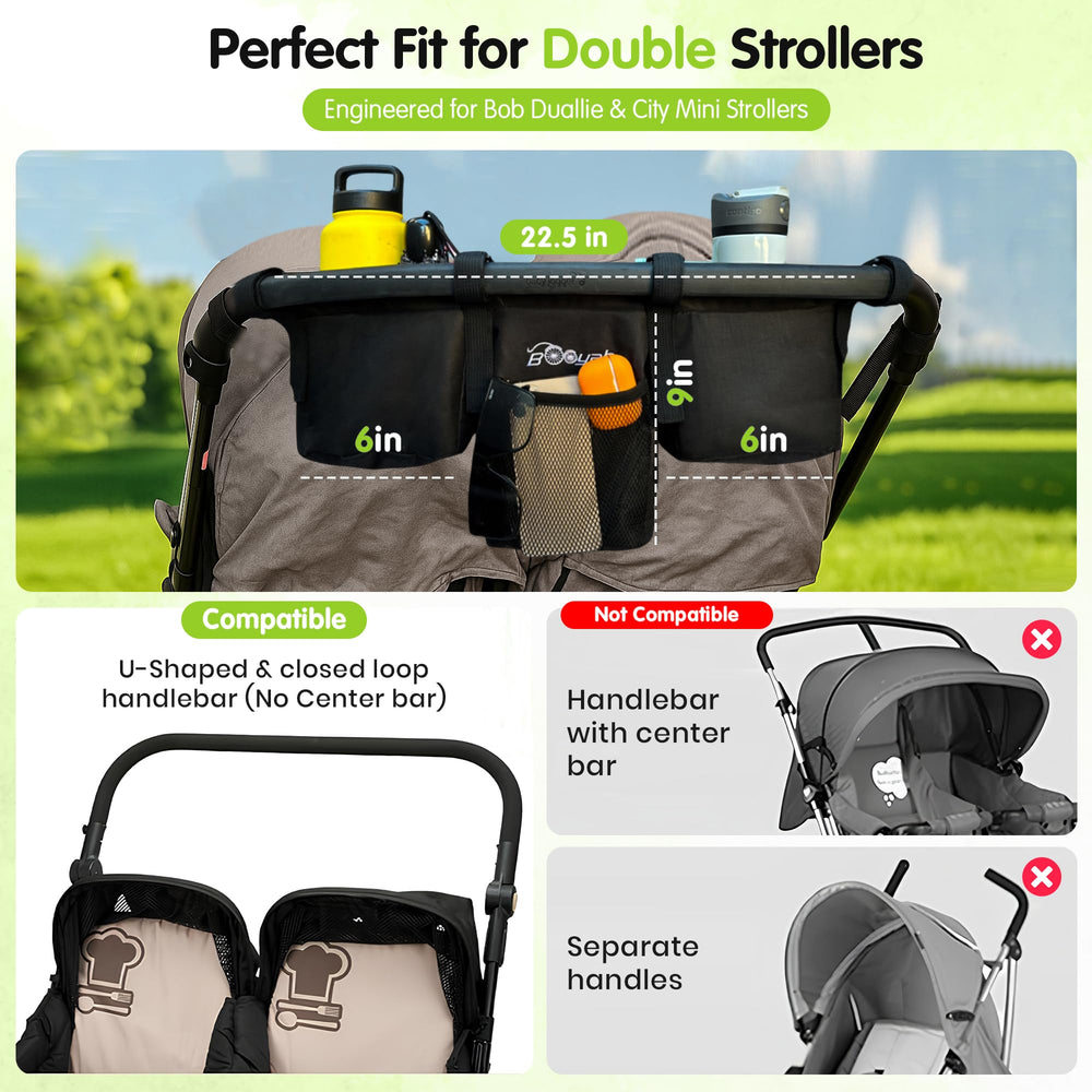 Booyah Strollers double organizer with cup holders for beverages during strolls.