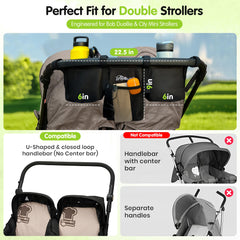 Booyah Strollers double organizer with cup holders for beverages during strolls.