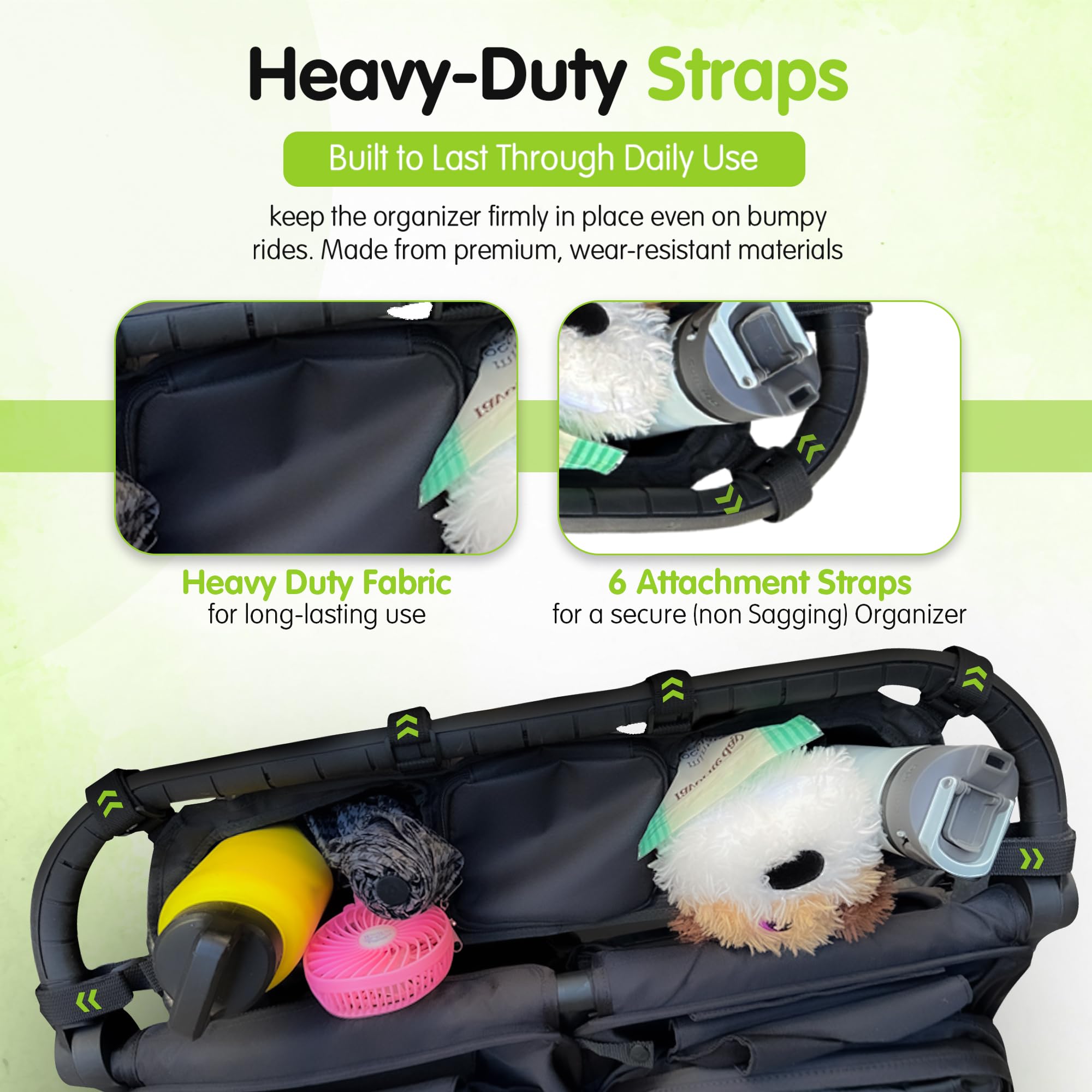 Booyah Strollers double organizer front net section keeps keys and phones reachable.