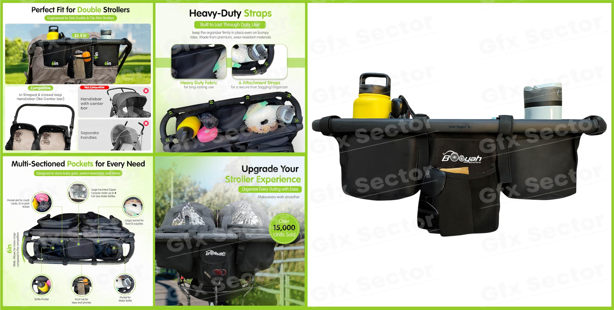 Booyah Strollers double organizer heavy-duty straps secure to stroller handles.