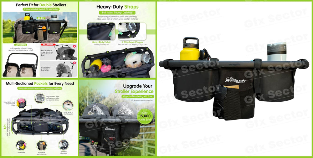 Booyah Strollers double organizer heavy-duty straps secure to stroller handles.