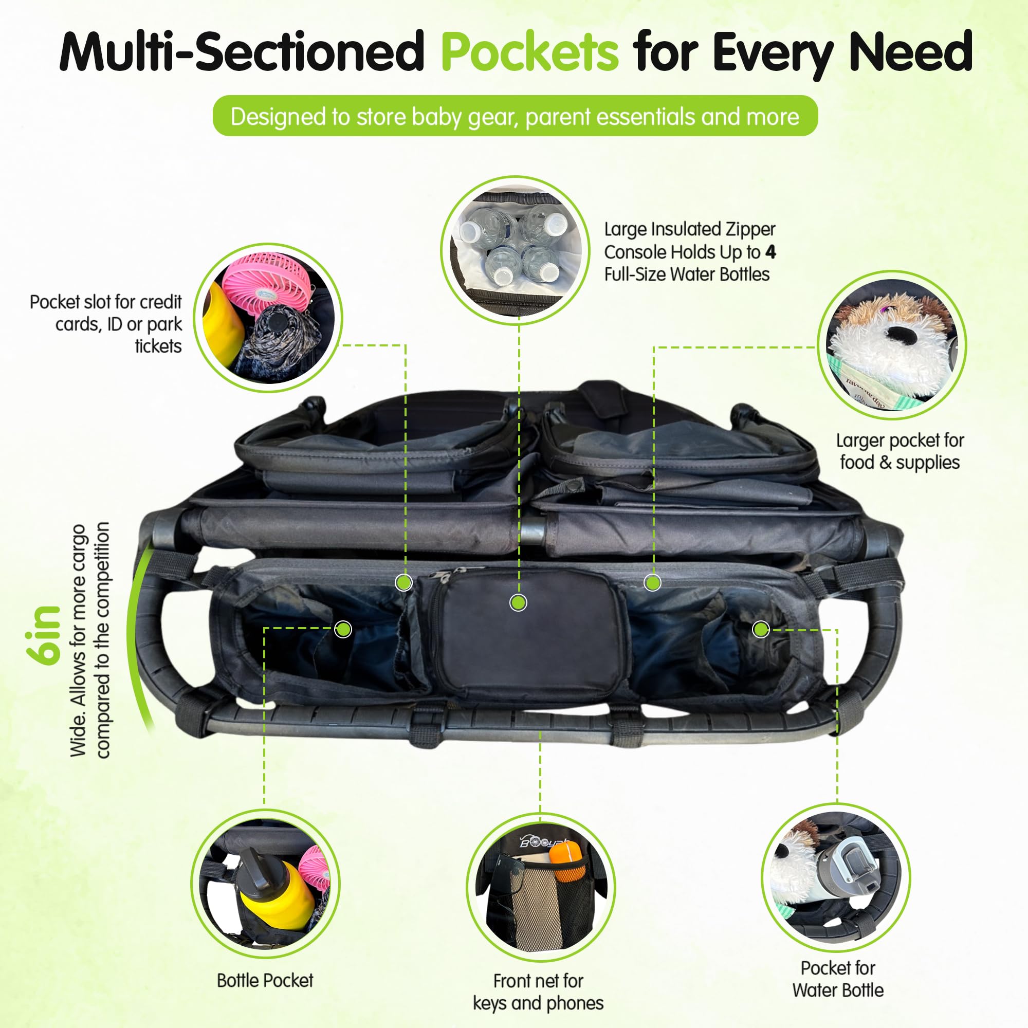 Booyah Strollers double organizer insulated center console keeps drinks cool.