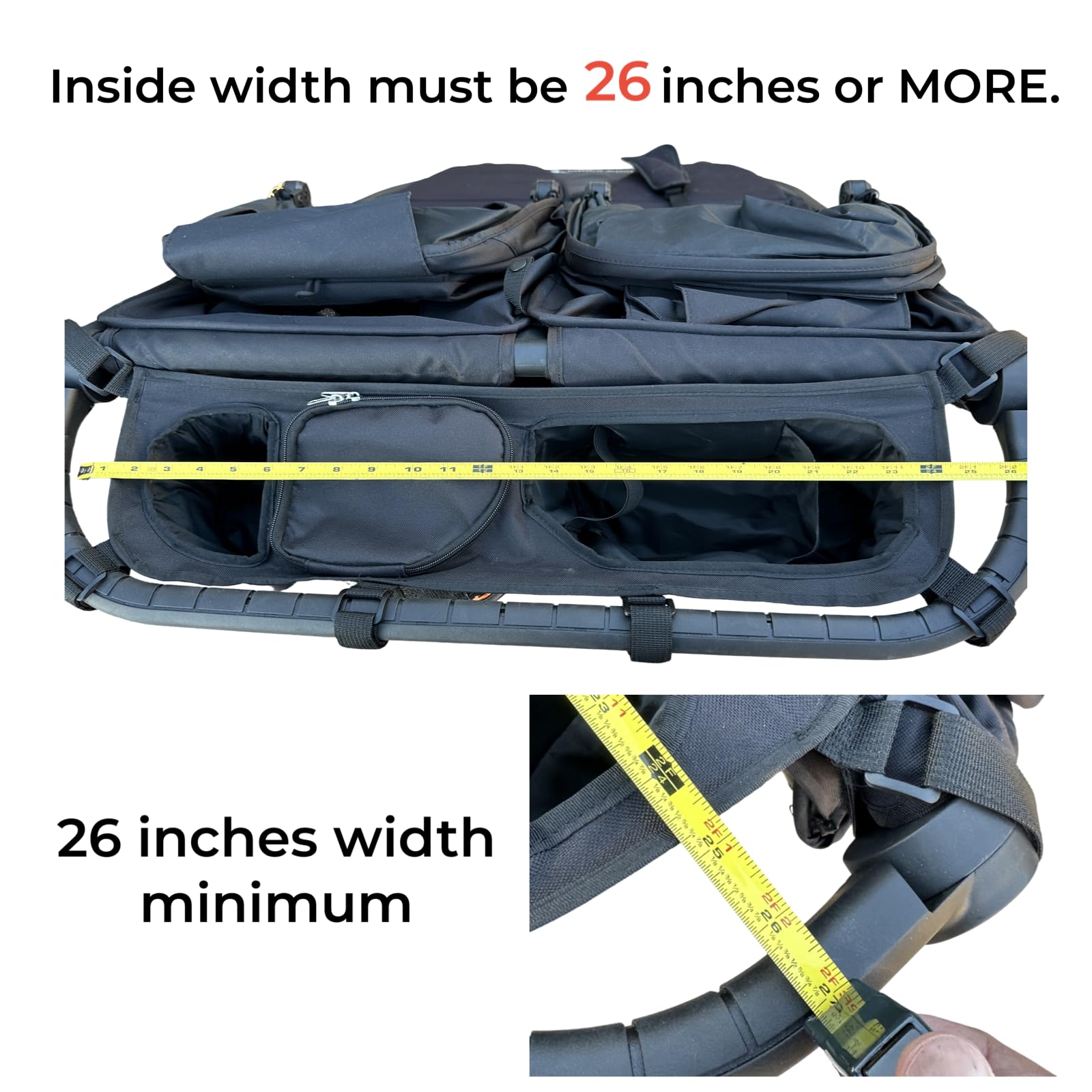 Booyah Strollers double organizer measures 23 inches to fit most handlebars.