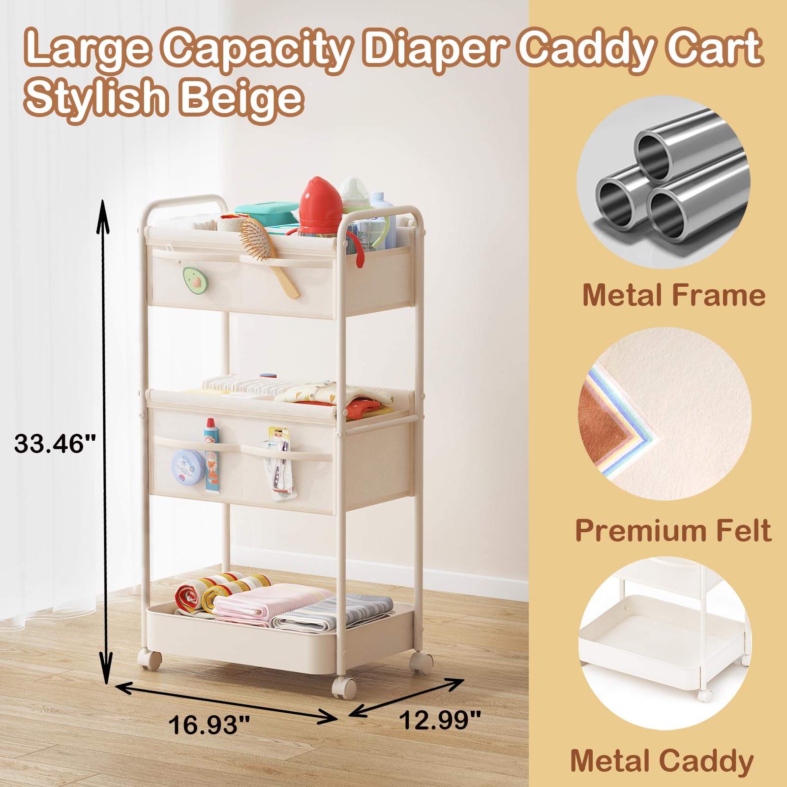 BOPHILI diaper caddy rolling wheels demonstrates easy mobility beside the changing table.