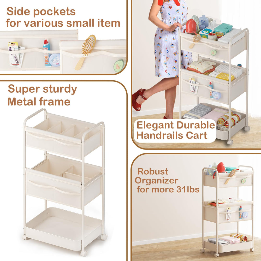 BOPHILI beige diaper cart complements nursery decor while organizing bottles and toys.