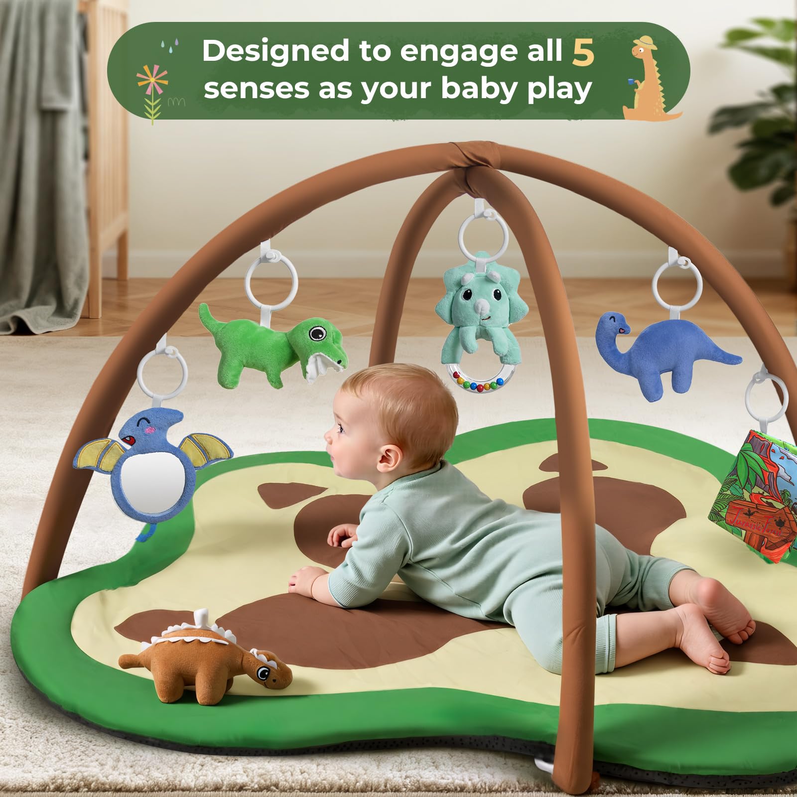 bopopo Baby Gym Play Mat shows six detachable activities for sensory play