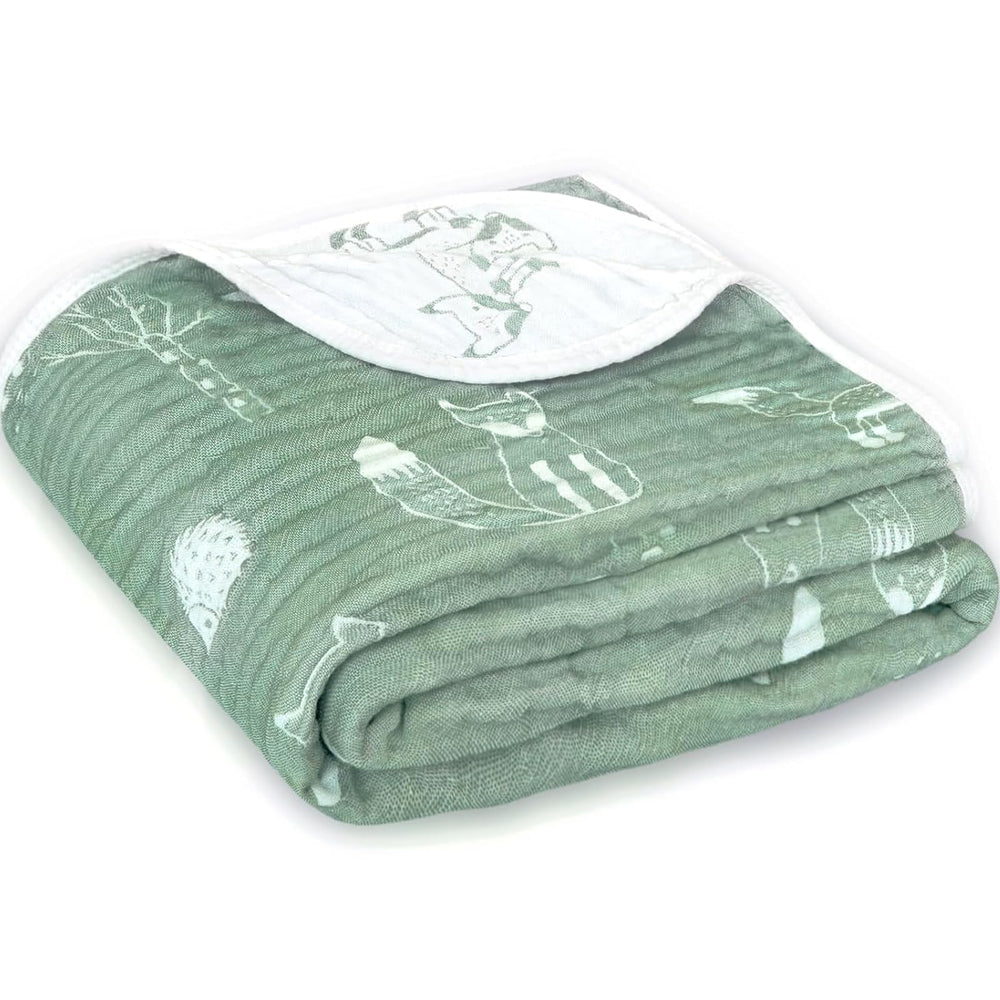 BOPRIO muslin baby blanket Fox Sage Green closeup highlights soft texture and premium weave.
