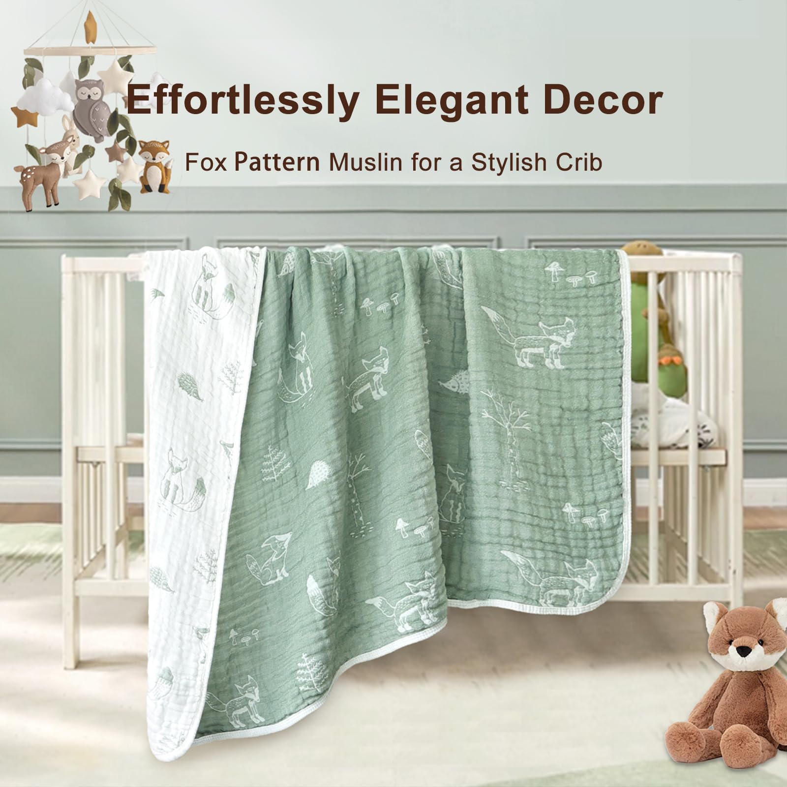 BOPRIO muslin blanket Fox Sage Green stroller cover keeps baby cozy outdoors.