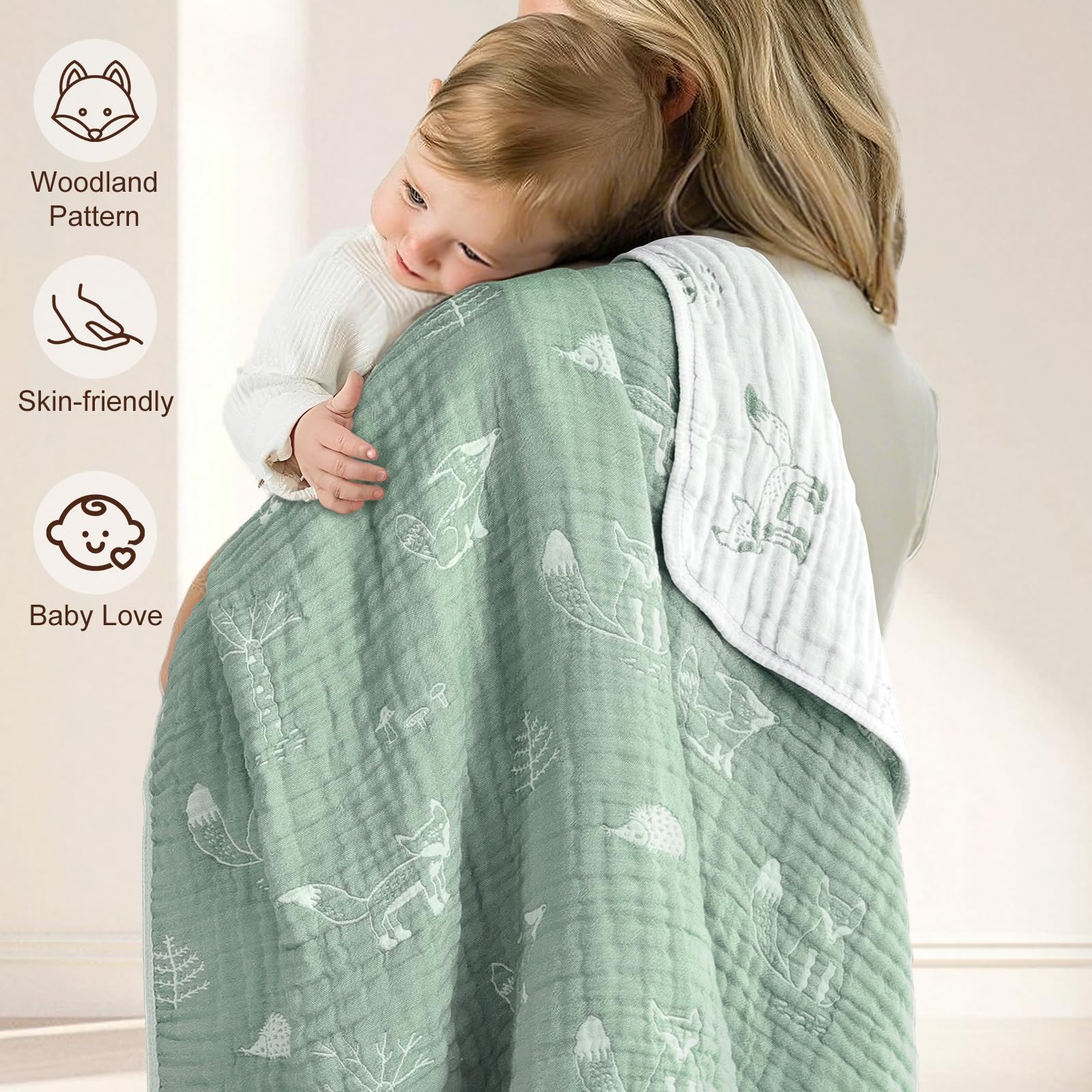 BOPRIO muslin baby blanket Fox Sage Green swaddle demonstrates versatile daily use.