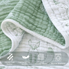 BOPRIO muslin blanket Fox Sage Green tummy-time example shows comfortable surface.