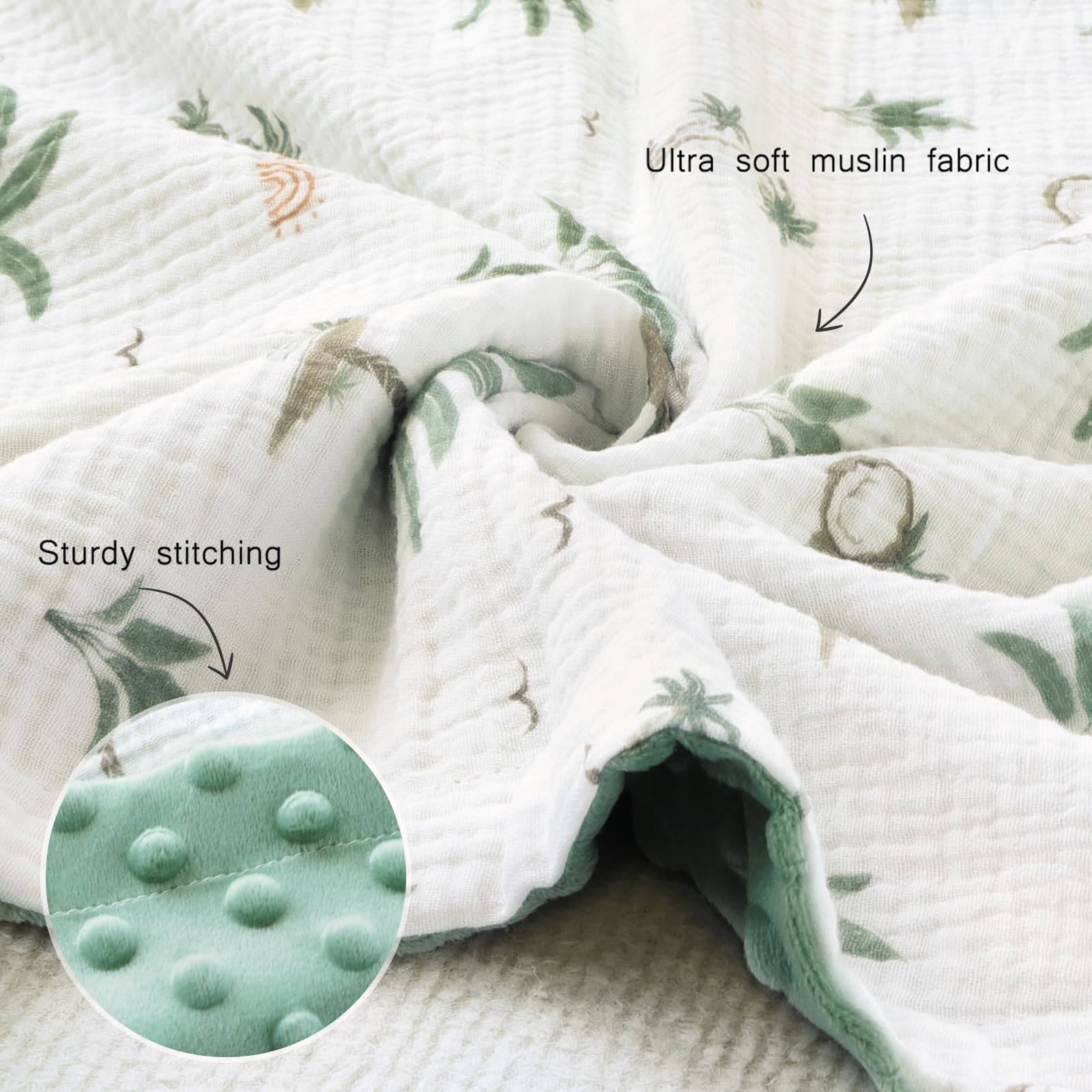 BOPRIO muslin blanket on baby bed showcasing size and softness.