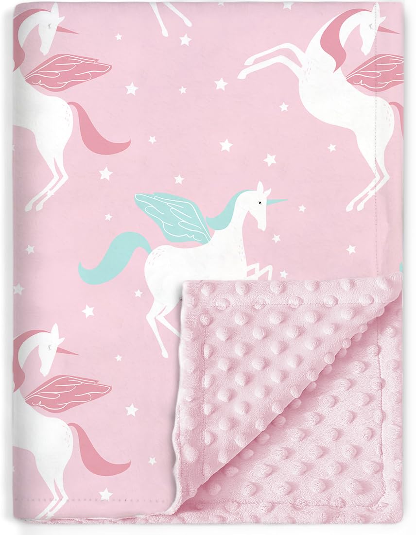 BORITAR Unicorn Baby Blanket front view in pink shows plush, ultra-soft Minky texture for cozy cuddles.