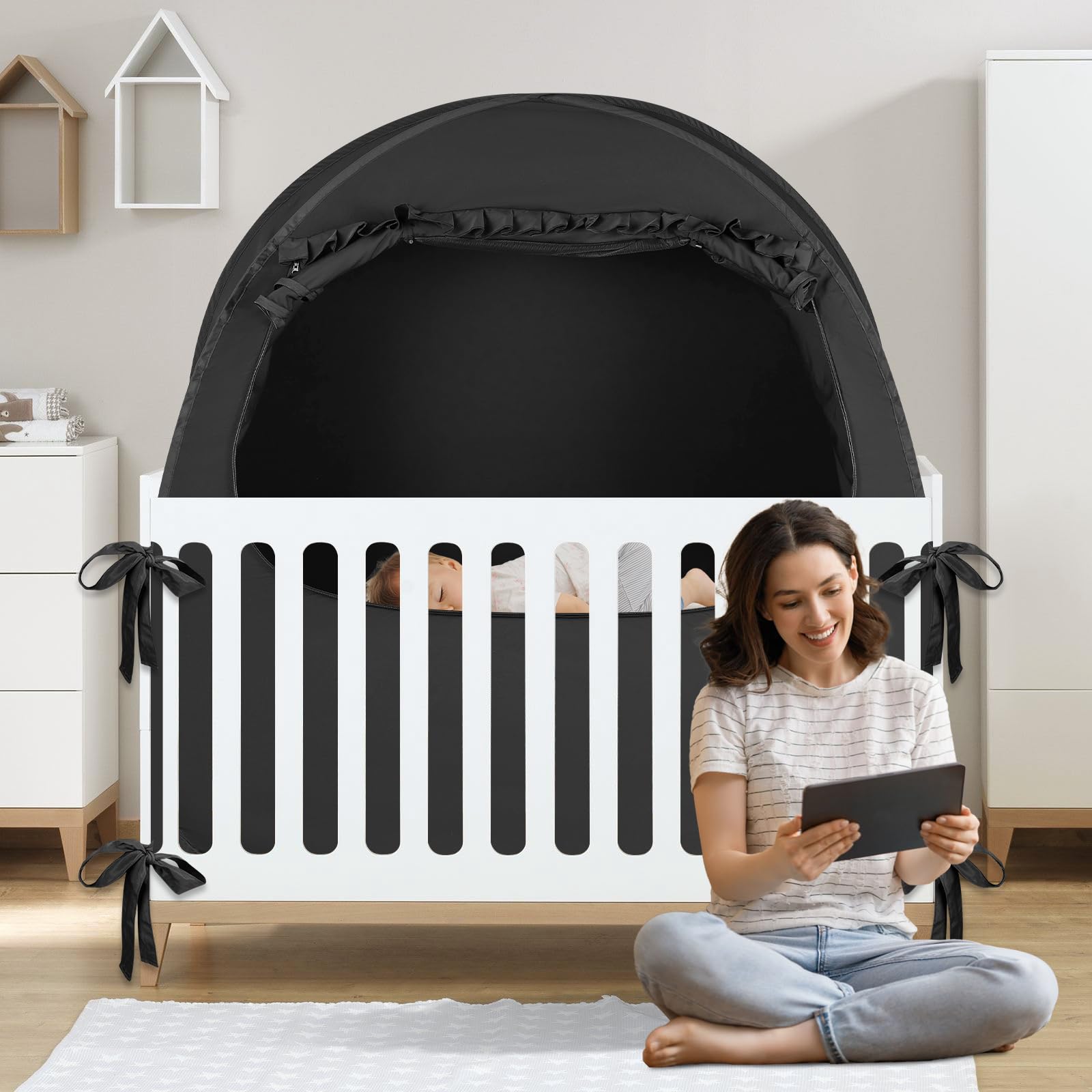 BORNA Pack N Play blackout cover over crib setup promotes calm daytime sleep.