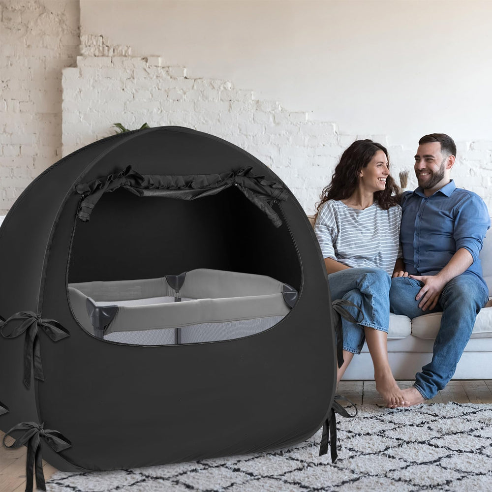 BORNA popup design enables quick setup for trips and grandparents' visits.