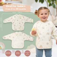Bornealand peach long sleeve bib catches drips during baby-led weaning.