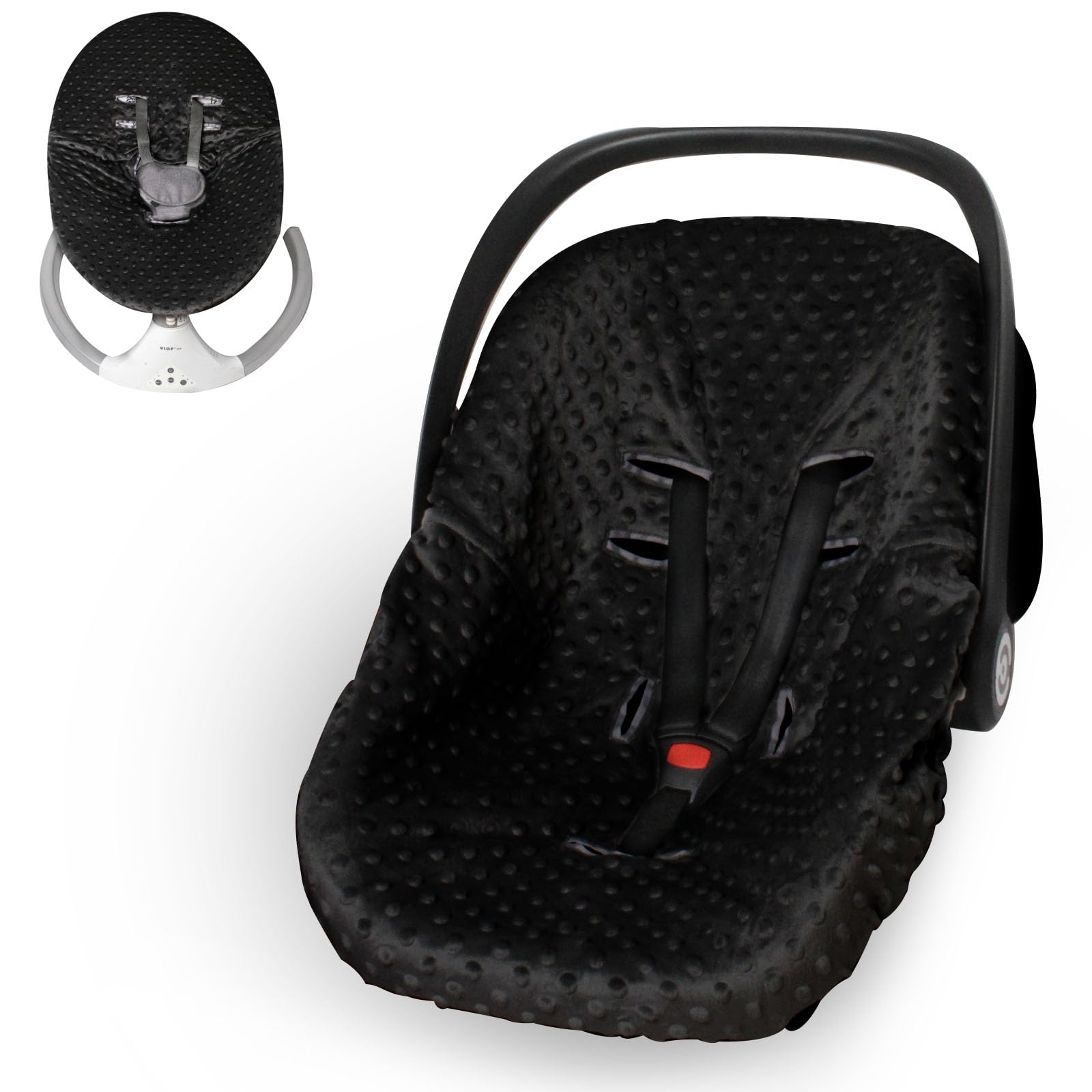 Boryokun infant car seat cover liner in black on seat provides clean, cozy protection.