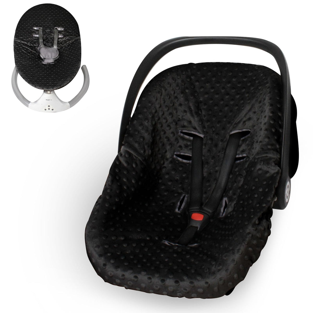 Boryokun infant car seat cover liner in black on seat provides clean, cozy protection.