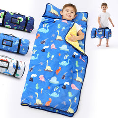 BORPRES Nap Mat Navy Dino folded for quick naptime setup.