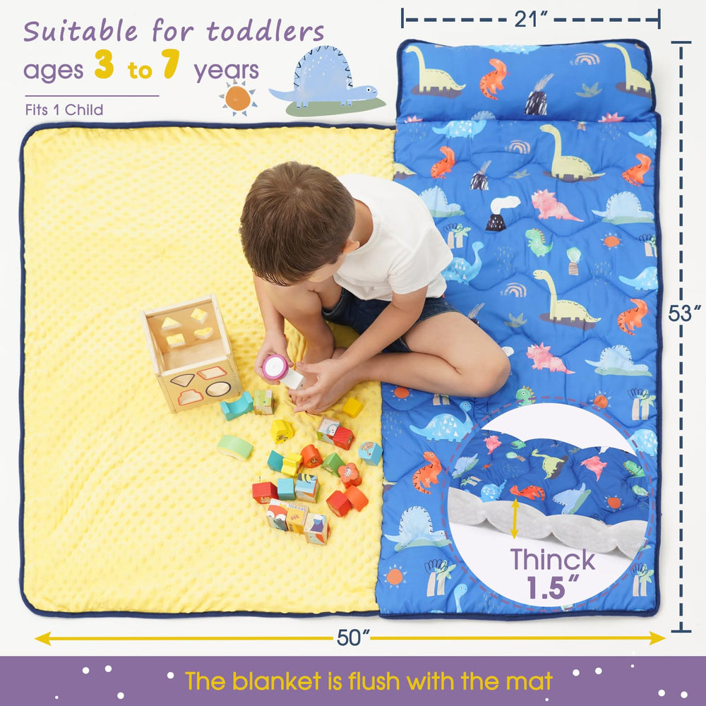 BORPRES Nap Mat Navy Dino unrolled showing thick padding for rest.