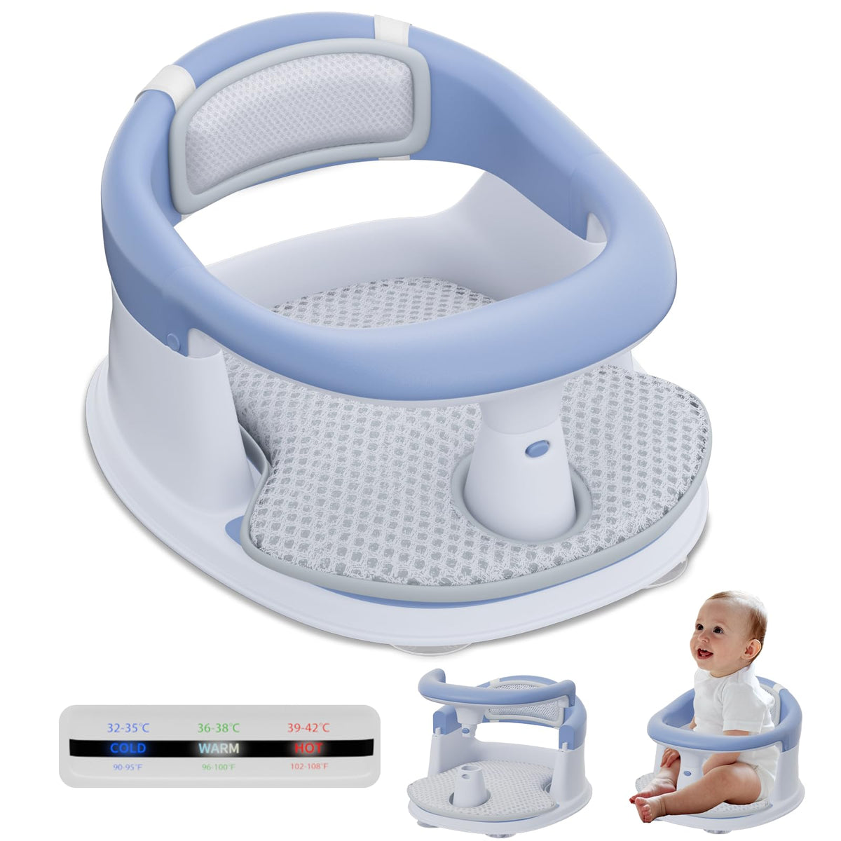 BORRAV baby bath seat front view with compact design supports comfortable, seated baths.