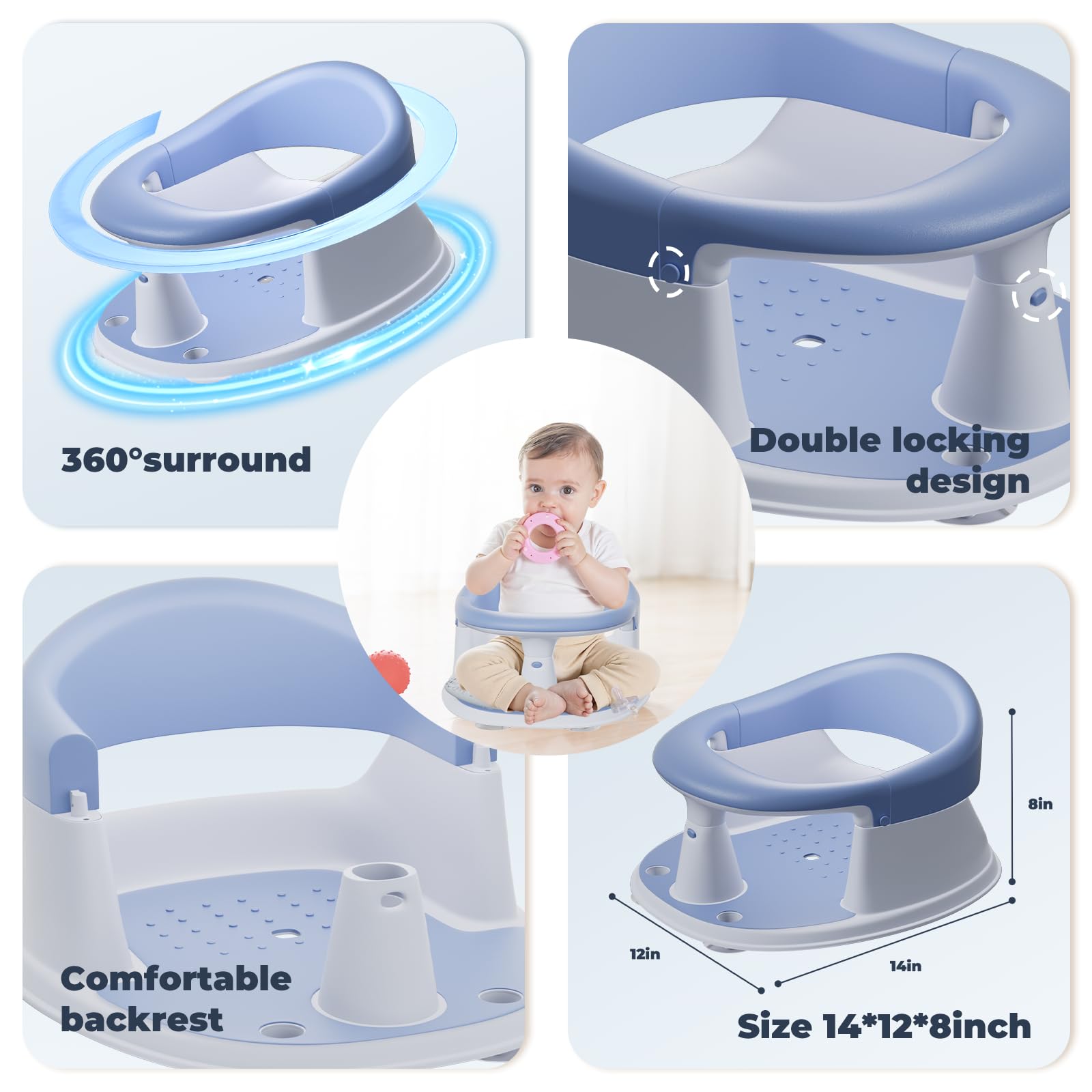 BORRAV bath seat in blue with drain-friendly design for easy tub cleaning.