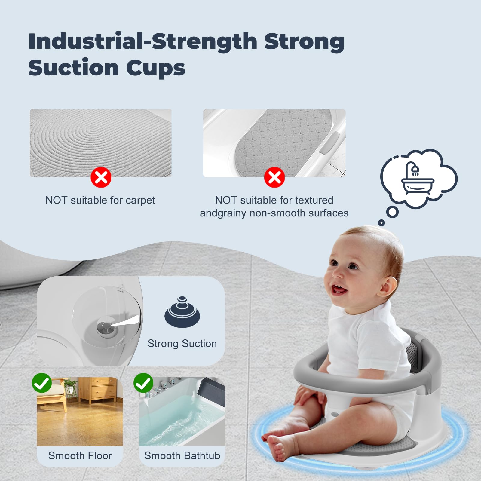 BORRAV non-slip suction cups keep the seat steady on smooth tubs.