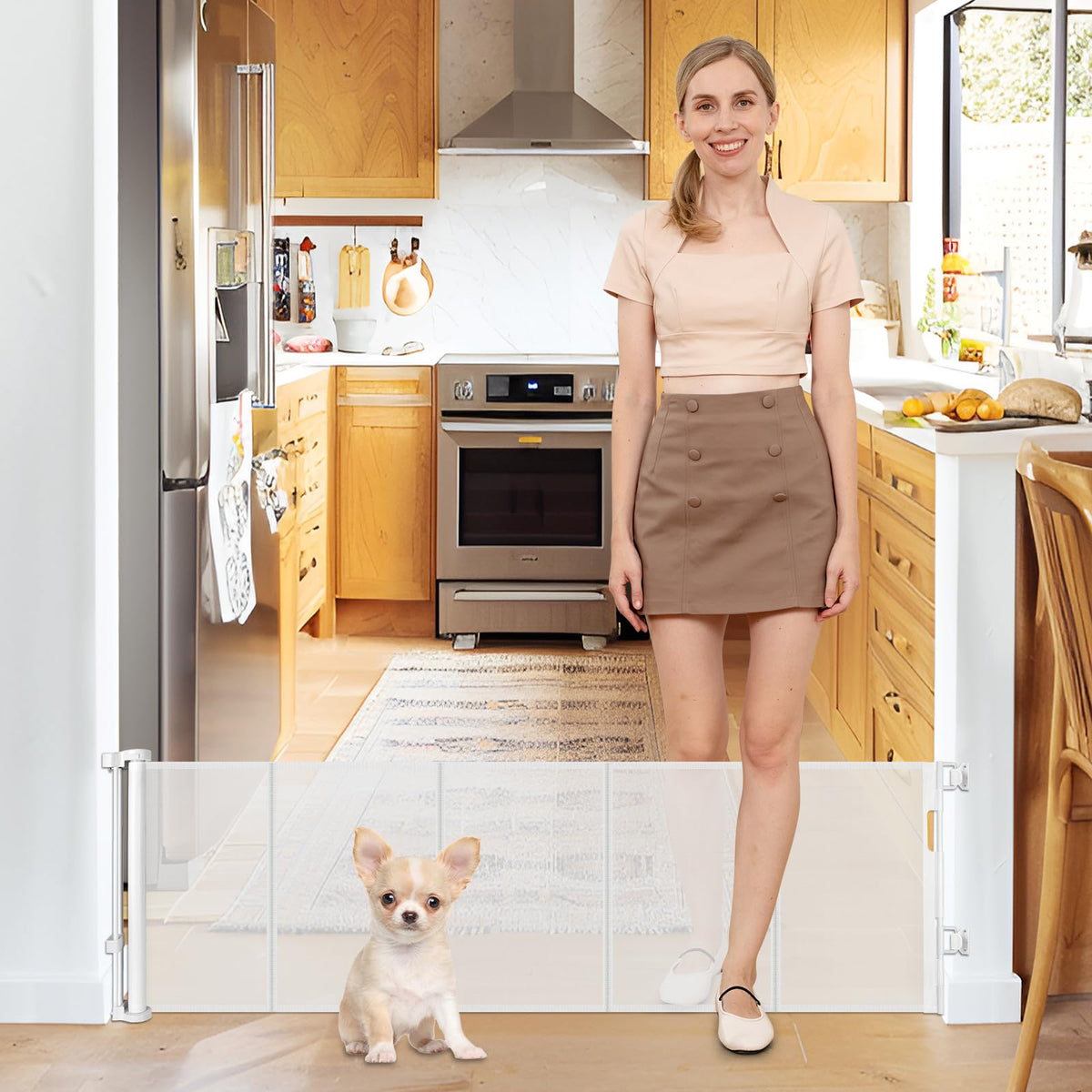 Borthmiu 20-inch step-over gate in doorway suitable for small pets.