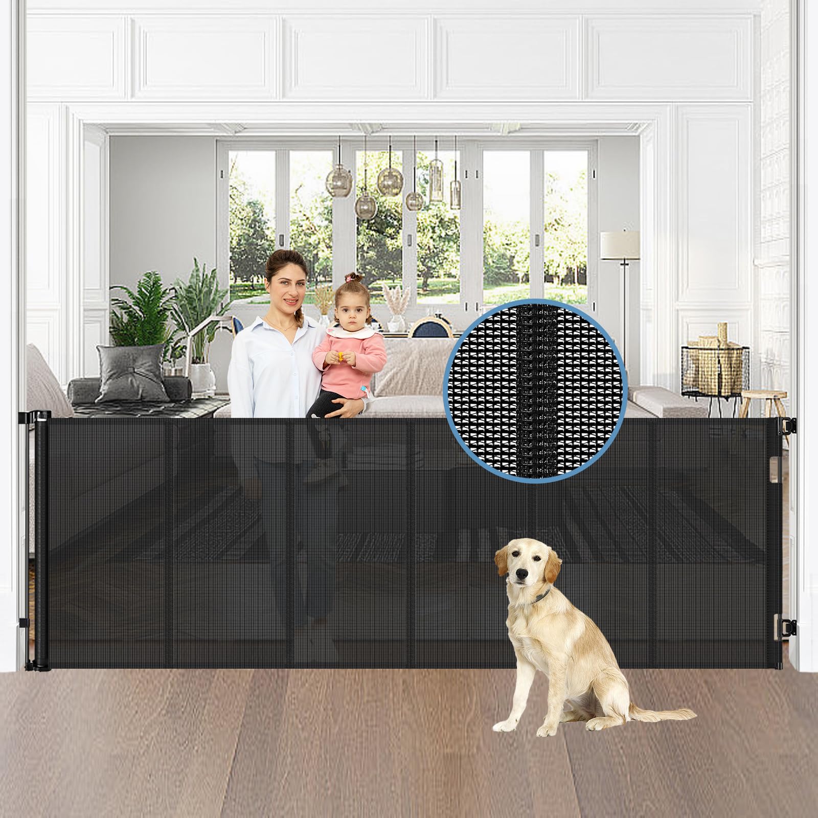 Borthmiu 75-inch wide gate with extended mesh for wide openings and child/pet safety.