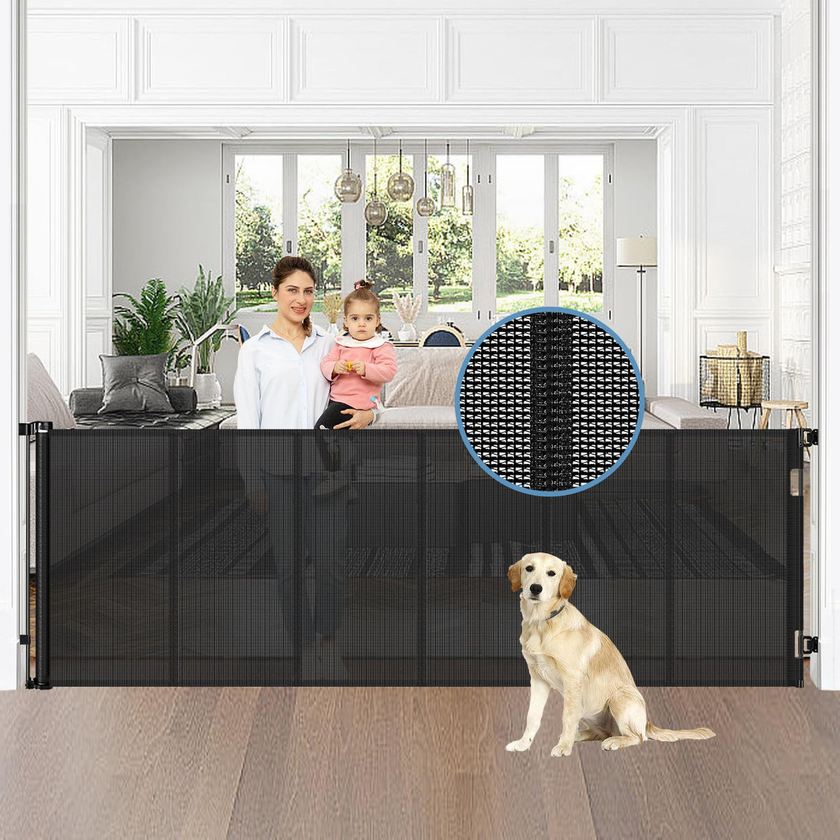 Borthmiu 75-inch wide gate with extended mesh for wide openings and child/pet safety.