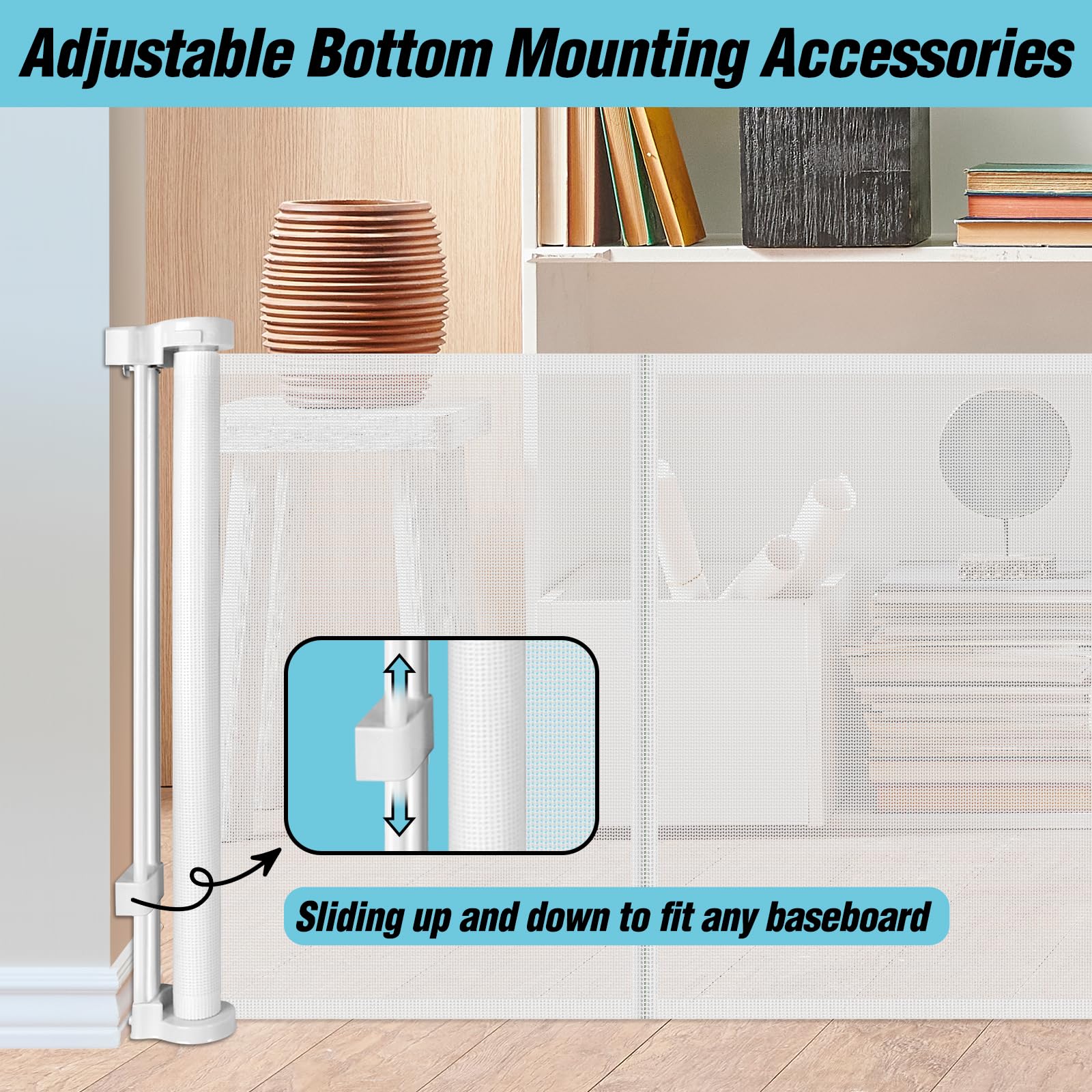 Adjustable baseboard bracket on gate fits various walls.