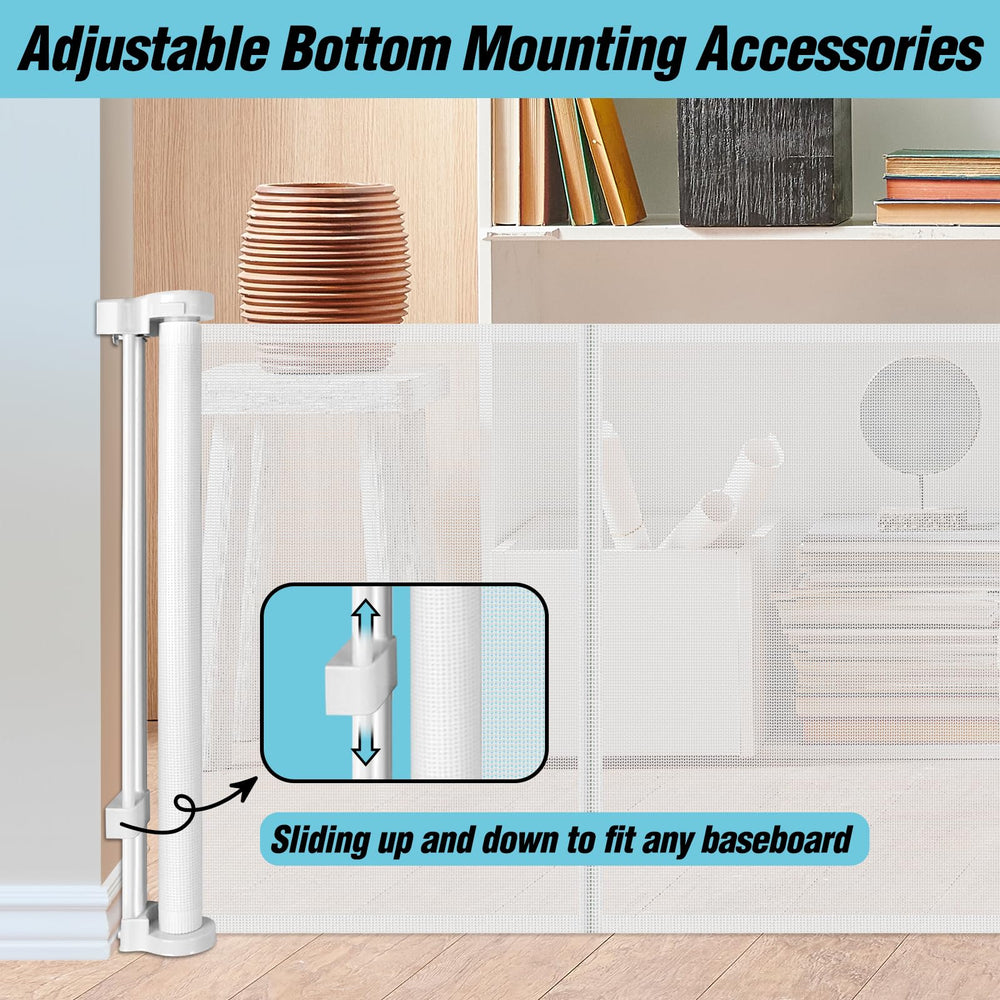 Adjustable baseboard bracket on gate fits various walls.